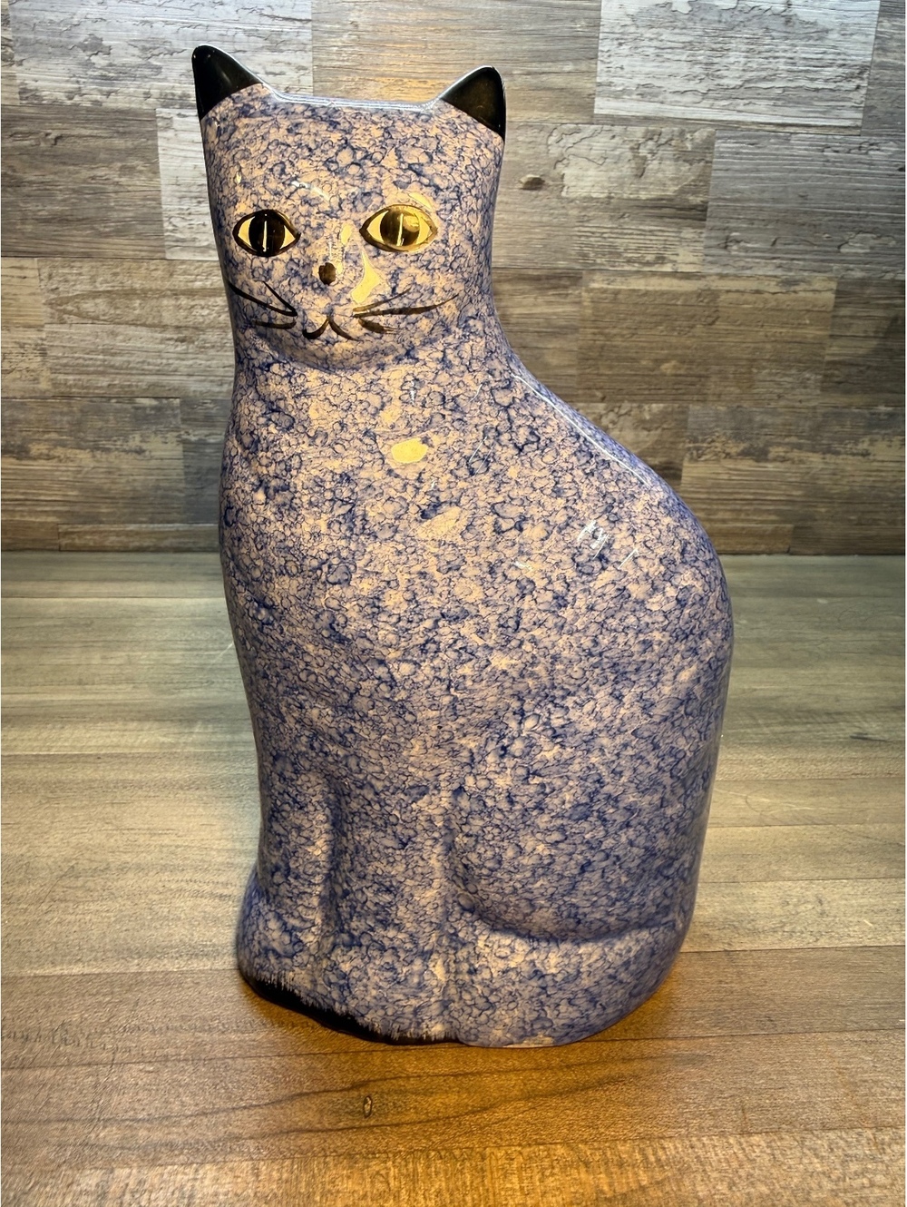 Vintage Ceramic Cat Figurine Blue Crackle Glaze Gold Eyes 8” (b13/0103)